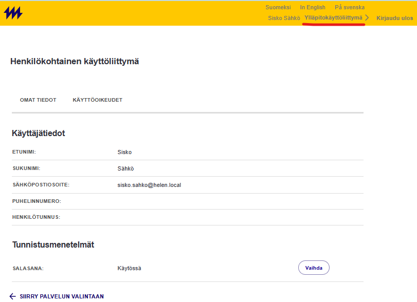 Ylläpitokäyttöliittymän linkki on korotettuna