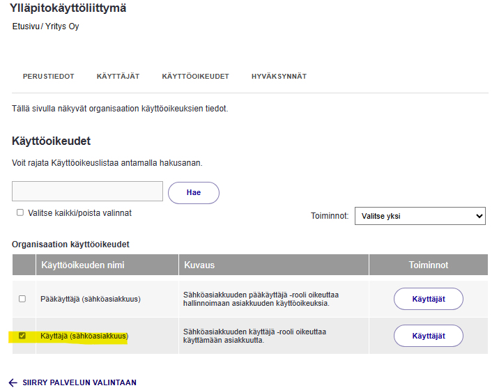Taulukosta on valittuna rivi jossa lukee "käyttäjä (sähköasiakkuus)"