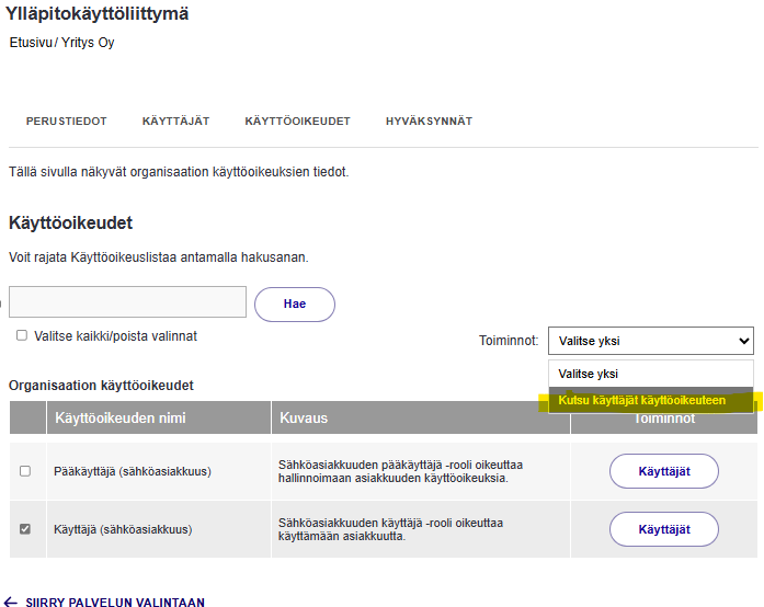 Toiminnot-pudotusvalikosta on korostettuna kutsu-toiminto