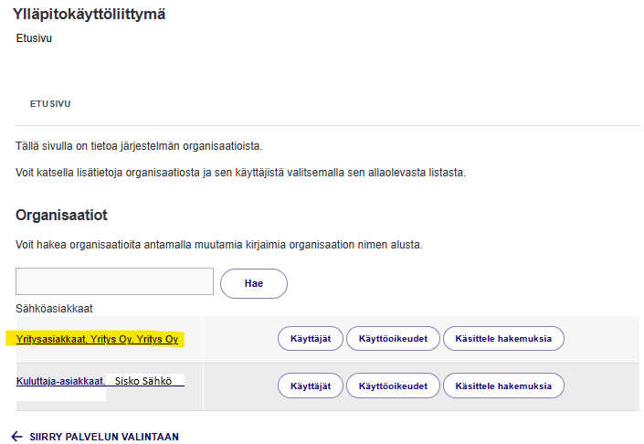 Halutun asiakkuuden linkki taulukossa on korotettuna