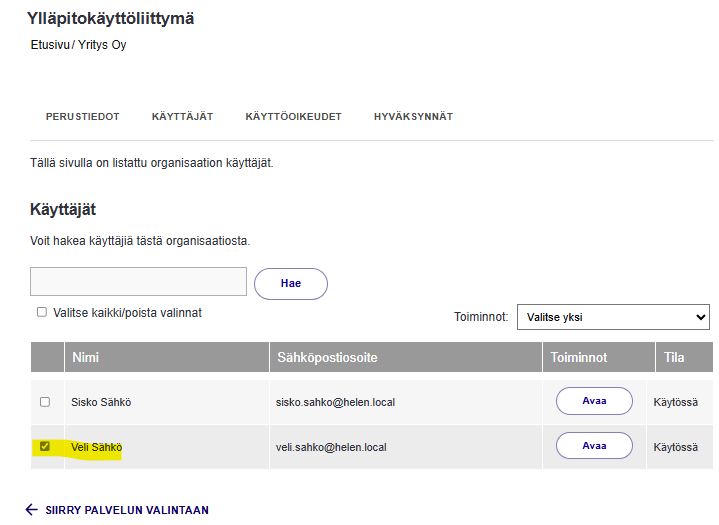 Käyttäjät-välilehdeltä haluttu käyttäjä valittuna taulukosta