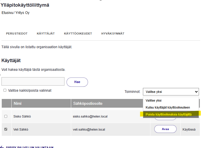 Toiminnot-valikosta korostettuna poista-toiminto