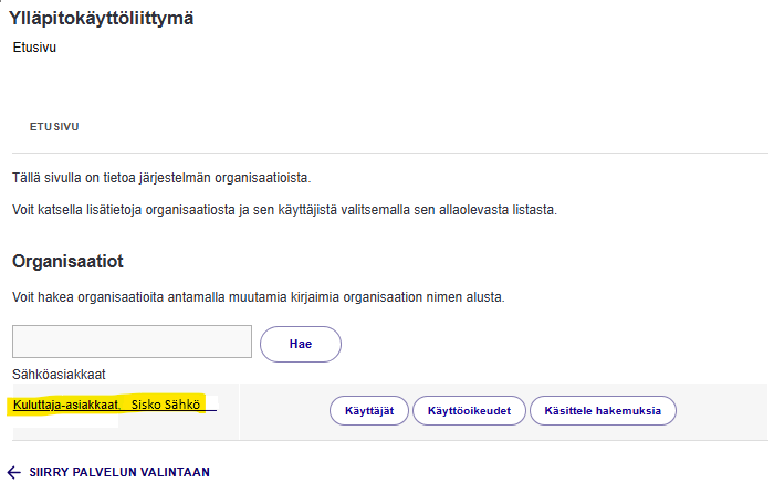 Haluttu nimi on korostettuna ylläpitokäyttöliittymästä
