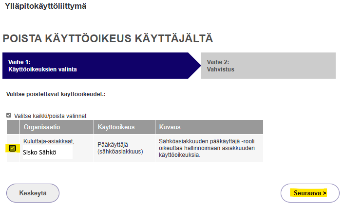Poistettavat oikeudet on valittuna taulukosta ja Seuraava-painike on korostettu.