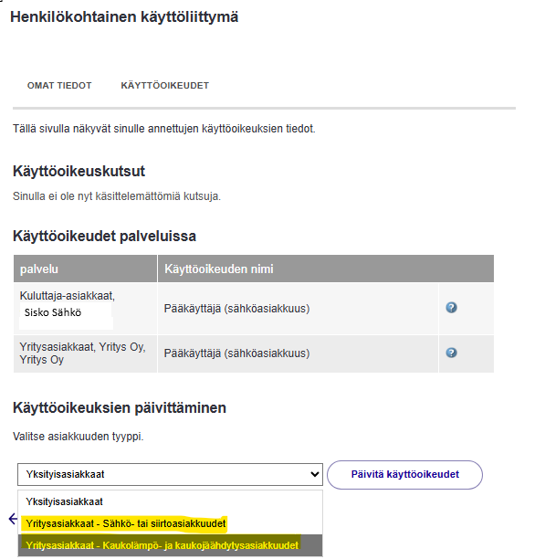 Asiakkuuden tyyppi -pudotusvalikosta korostettuna asiakkuuden tyypit