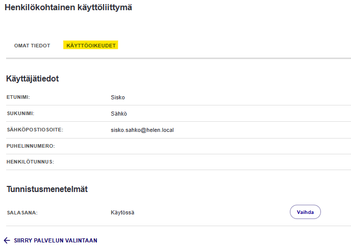 Käyttöoikeudet välilehden linkki on korostettuna