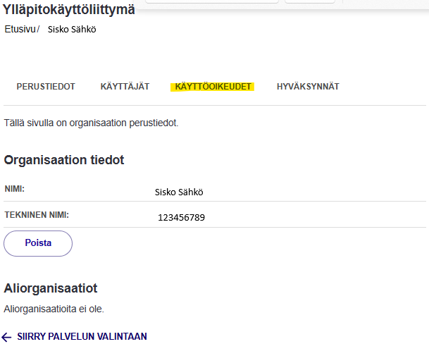 Käyttöoikeudet -välilehti korostettuna.