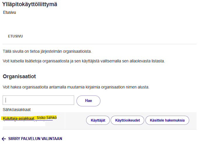 Asiakkaan nimi -linkki korostettuna