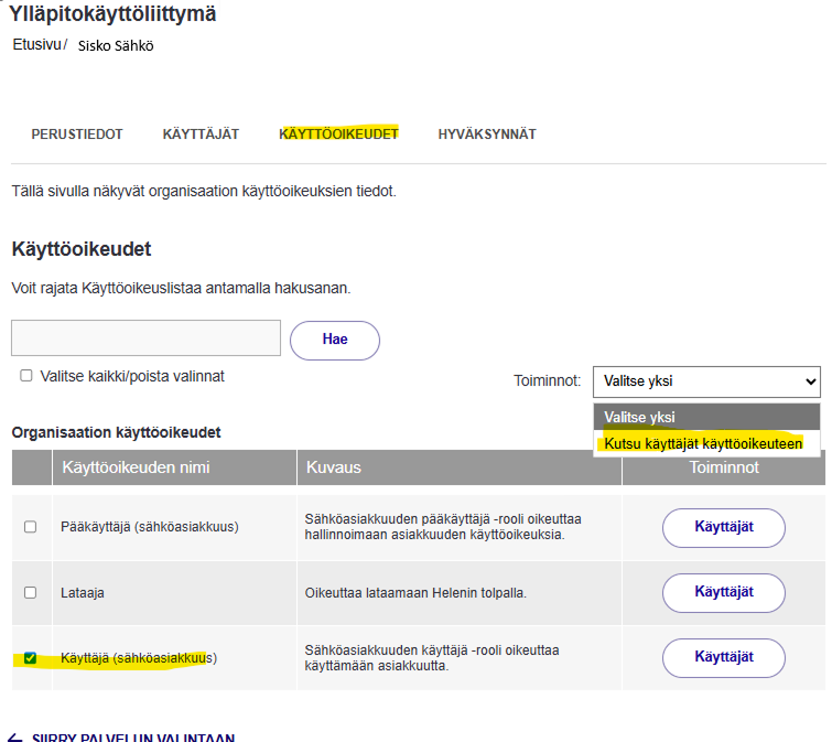 Toiminnot-valikosta korostettuna "Kutsu käyttäjä käyttöoikeuteen"