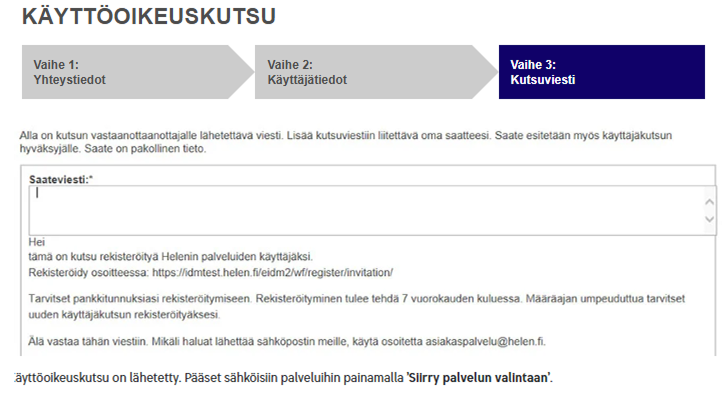 Käyttöoikeuskutsun viestin kirjoitusnäkymä