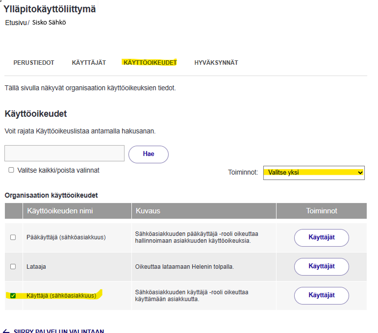 Käyttöoikeuksista korostettuna Käyttäjä, joka on valittuna rivinä