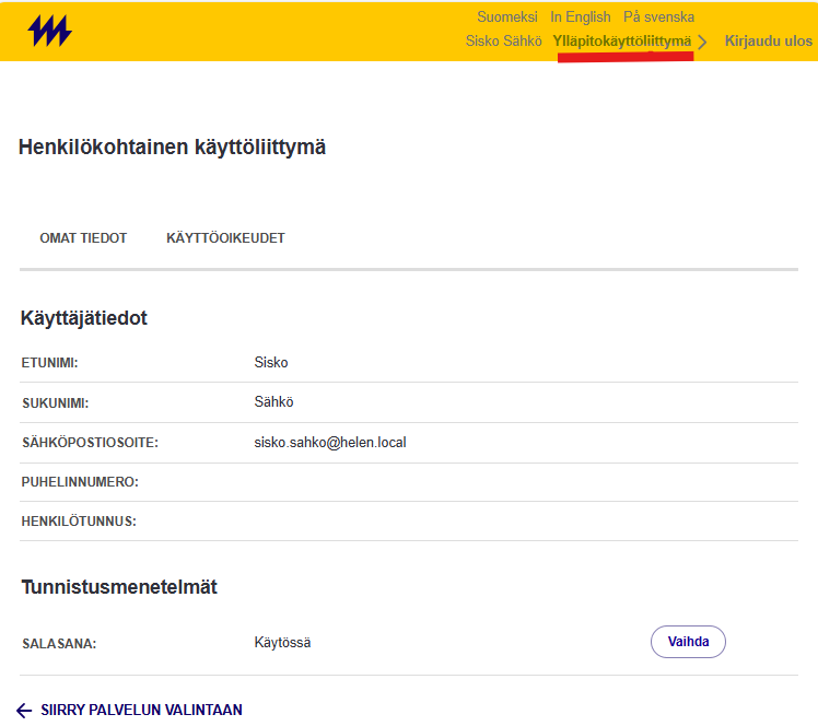 Ylläpitokäyttöliittymä -linkki korostettu