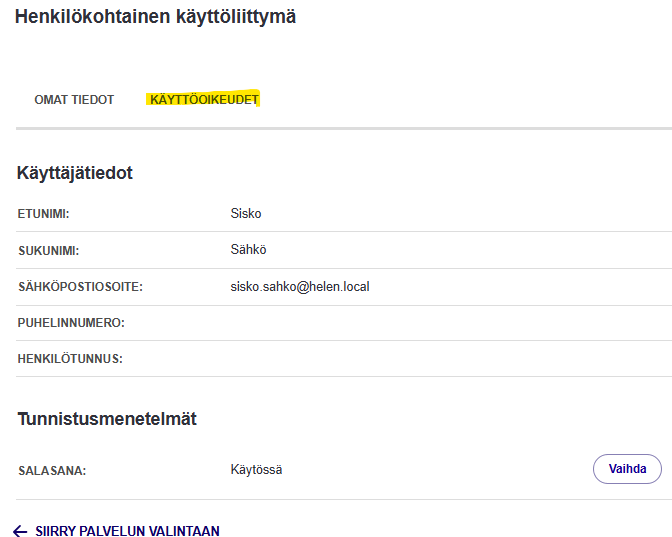 Käyttöoikeudet -välilehti on korostettu.