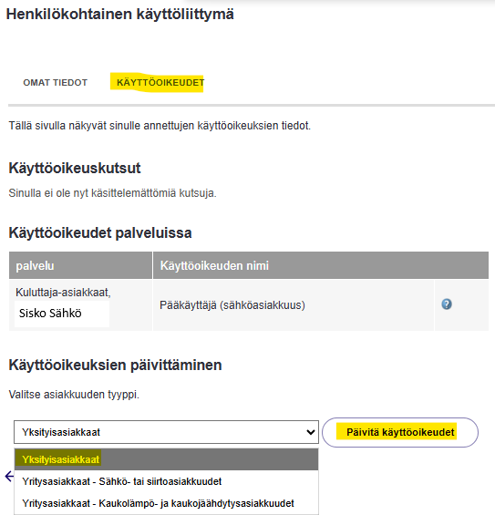 Yksityisasiakkaat -valinta tehtynä pudotusvalikosta ja Päivitä käyttöoikeudet -painike korostettuna