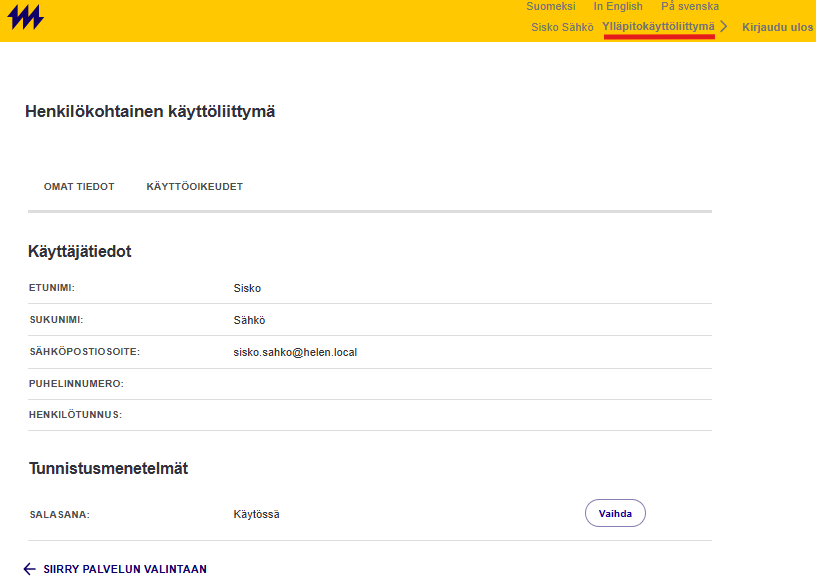 Henkilökohtainen käyttöliittymä, josta ylläpitokäyttöliittymän linkki on korostettuna