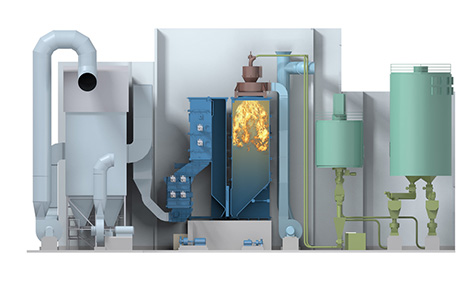 Conceptual drawing of the pellet-fired boiler in the Salmisaari wood pellet heating plant